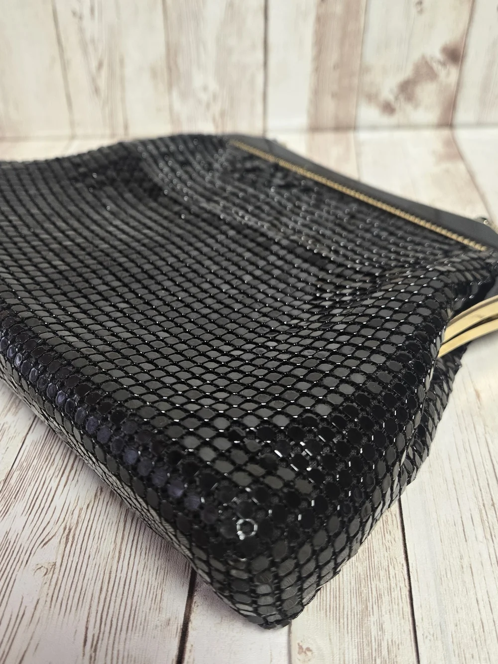 Vintage Black Metal Mesh Evening Bag Gold Tone Frame Chain Strap Purse